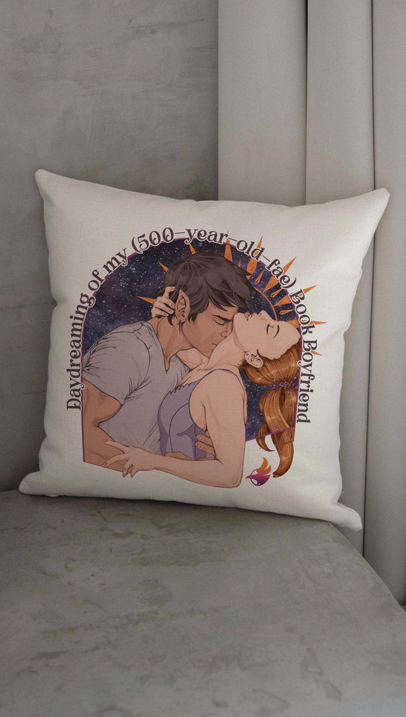 Decorative Throw Pillow. Made out of soft canvas. Printed with Romantic Artwork and the phrase: Daydreaming of my 500 year old fae book boyfriend.