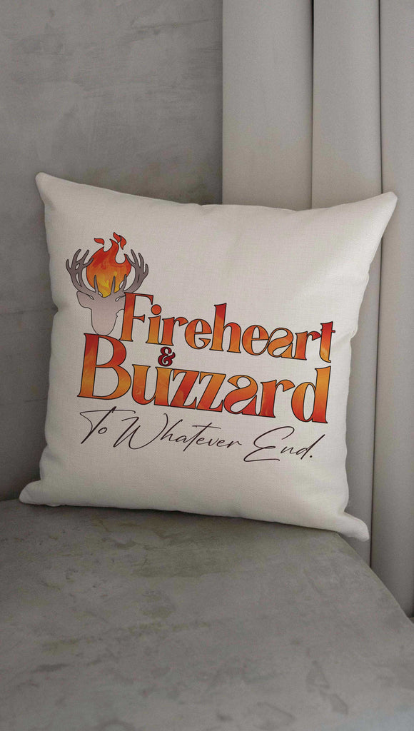 Offiically licensed Throne of Glass soft canvas decorative throw pillow. Printed with the phrase, "Fireheart & Buzzard. To Whatever End"