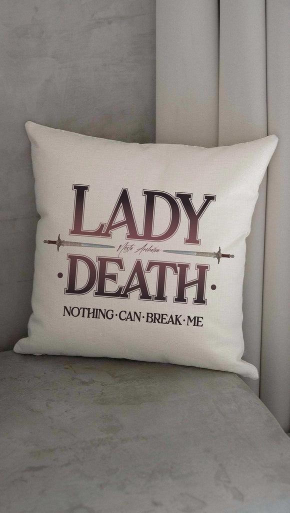 Officially Licensed ACOTAR decorative throw pillow printed with "Lady Death - Nesta Archeron. Nothing can break me" quote from A Court of Silver Flames