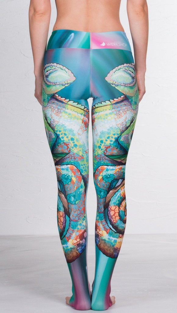 close up back view of model wearing colorful chameleon printed full length leggings