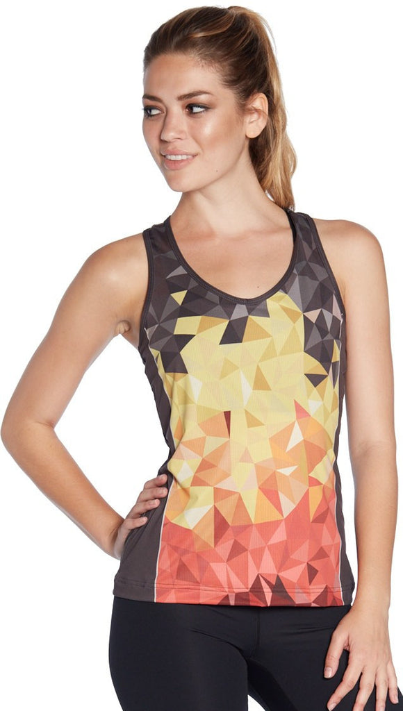 closeup front view of model wearing geometric ombre flames printed tank top 